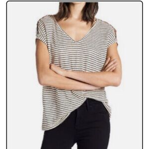 Lucky Brand Black and White Striped V-Neck Tee